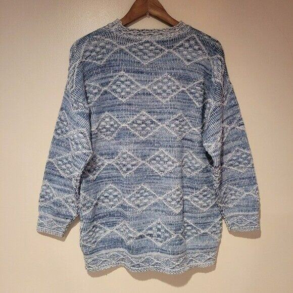 Vtg David Brett Sweater Men XL Blue Chunky 3D Knit Diamond Geometric Grandpa USA - Picture 7 of 11